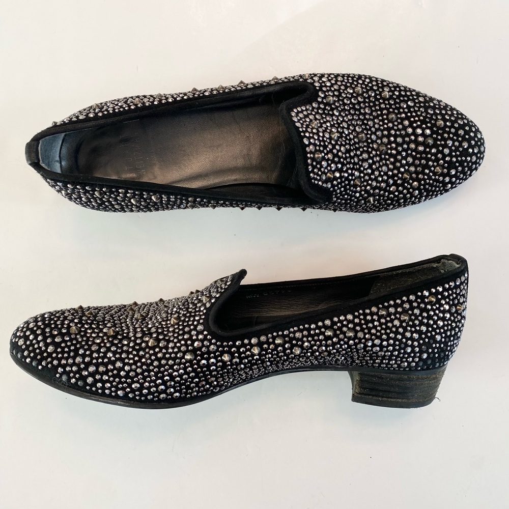 Stuart Weitzman Slipbead Studded Stud Loafer Smoking Slipper Black Silver Sz 8